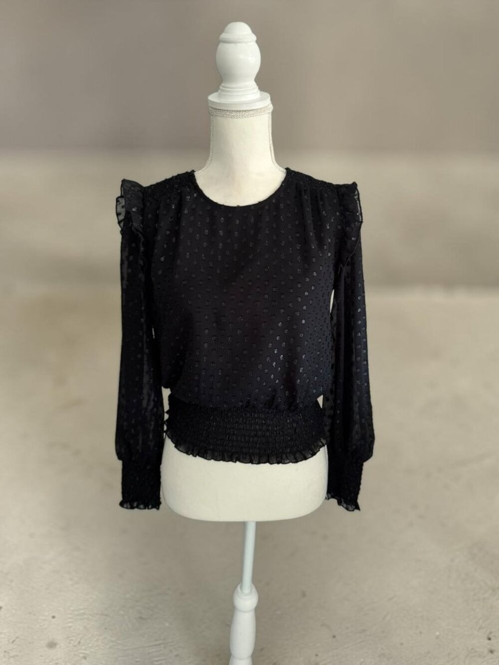 LAUNDRY SHELLI SEGAL Black Smocked Long Sleeve Top Size XS